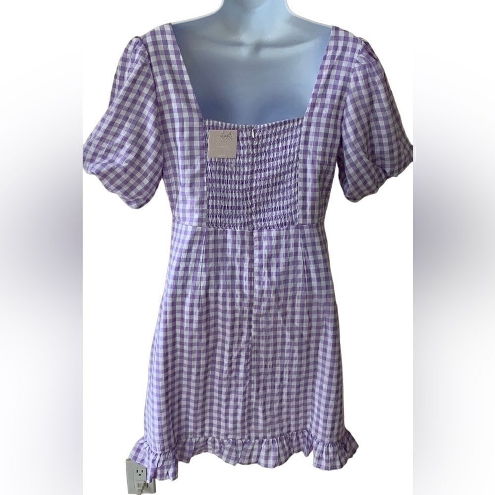 NWT Gingham Mini Lined Dress‎ Purple Puff Sleeves ruffle small Cottagecore - Picture 3 of 9